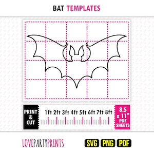 May include: Black outline of a bat template on a pink grid background. The image includes the text "BAT TEMPLATES", "PRINT & CUT", and measurements from 1ft to 8ft. Also includes "8.5 x 11" PDF SHEETS" and file type icons.