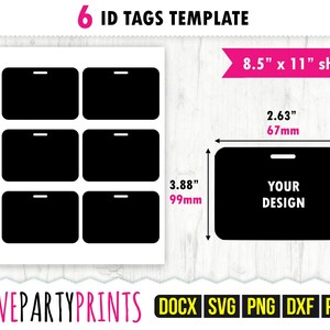 IDバッジテンプレート SVG、PDF、Png、DXF、67 x 99 mm IDタグテンプレート、8.5インチx11インチ、MS Word Docx、空白のバッジテンプレート、USレター印刷可能PDF、CA106