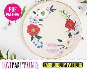 Embroidery Pattern PDF, Floral Wreath Pattern PDF, 9" Embroidery Hoop Design, PDF digital download, (EP2)