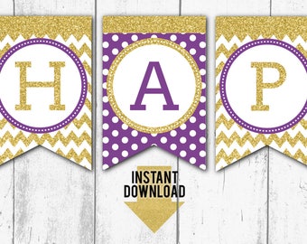 GEBURTSTAG BANNER DOWNLOAD, alles Gute zum Geburtstagsbanner, Lila und Gold Glitter Geburtstagsbanner, Printable Banner, Sofort Download (bb11)