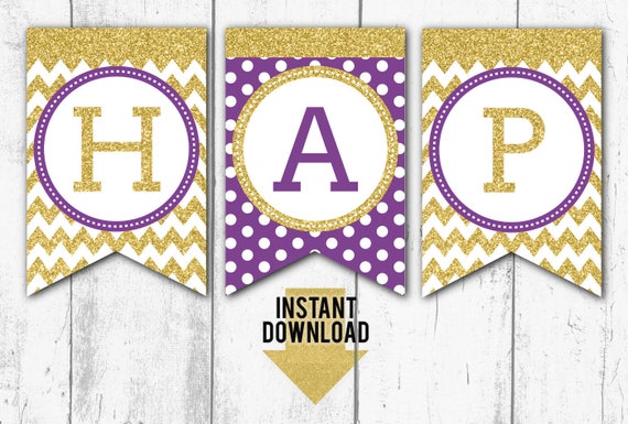 printable birthday banner happy birthday banner purple and gold glitter birthday banner printable banner instant download bb11 printable birthday banner