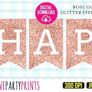 Banderín de cumpleaños con purpurina en oro rosa para imprimir, decoración de cumpleaños, banderines de cumpleaños, fiesta con purpurina, descarga instantánea, imprimible (bb17)