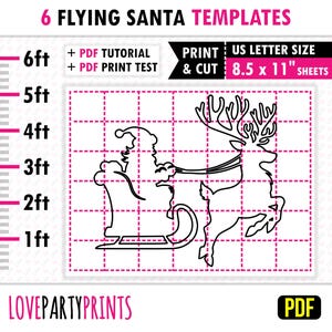 Flying Santa Vorlage PDF, 1-20 cm, Nachverfolgungs- und Schnittvorlagen, riesige Rentier-Schlitten-Weihnachtsrasen-Silhouette, sofortiger Download