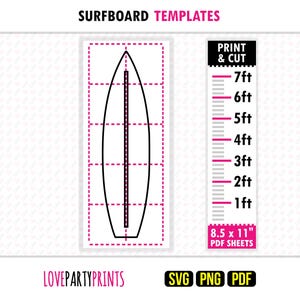 Plantilla de tabla de surf, plantilla grande para imprimir, recorte, telón de fondo gigante de playa, accesorio para luau de verano, SVG PDF