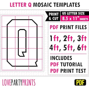 Letra Q cuadrada, mosaico de globos, plantilla de mosaico, 1 pie, 2 pies, 3 pies, 4 pies, 5 pies, 6 pies, letras de mosaico, 8,5" x 11" PDF, descarga instantánea, BT31