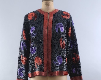 60s Wool Sequin Beaded Jacket –  B. Altman - Medium - Black with Red & Purple Beading  – Glam Holiday Party Style - Made in Hong Kong