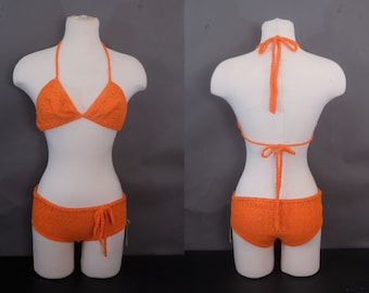 70s Orange Crochet Two Piece Swimsuit | Unworn with Tags | Boho Bikini | Hip Hugger Bottoms and Self-Tie Top | Size Small