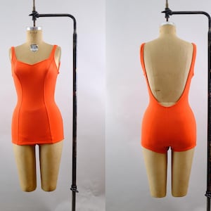 Vintage 70s Sears Orange Swimsuit –  Size 36 - Medium - Mod One Piece – Textured Floral Print