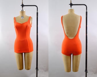 Vintage 70s Sears Orange Swimsuit –  Size 36 - Medium - Mod One Piece – Textured Floral Print