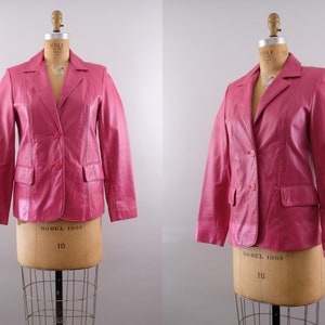 Vintage 80s Hot Pink Leather Jacket Women&#39;s Blazer Size 4 Small