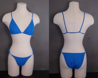 80s String Bikini | Blue & White Polka Dot 2 Piece Swimsuit | Size 8 | Made in USA by Kiwi