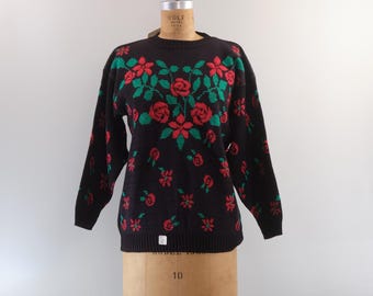 80s Metallic Red Rose Sweater - Size M - Black Acrylic Knit - Floral Pattern Pullover - Made in USA -  Unworn w/ Tags