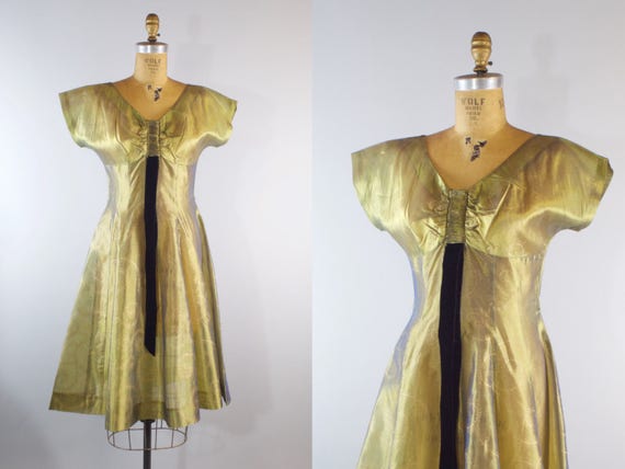 Vintage 50s Sheer Organza Dress Gold Party Dress M