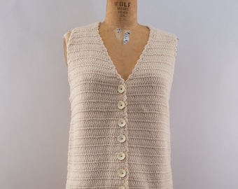 60s Chunky Knit Fisherman's Vest | Sleeveless Wool Sweater | Cream, V-Neck, Button Front | Medium