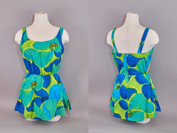 60s Skirted Bathing Suit by De Weese Blue Floral P