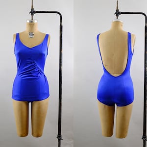 Vintage 80s Maxine of Hollywood Swimsuit – Bright Blue One Piece – Ruched Front – Low Back – Size 16 – Made in USA