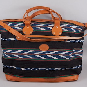 80s Kilim Carpet Travel Bag | Overnight Bag | Leather Handle & Adjustable Strap, Zip Closure |