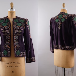 Chaqueta de terciopelo morado de Oscar de la Renta de los años 80, flores bordadas, talla 8, pequeña
