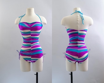 80s Cole of California Swimsuit – Purple Turquoise Striped One Piece – Ruched Sides – Removable Straps – Size 10 – Made in USA
