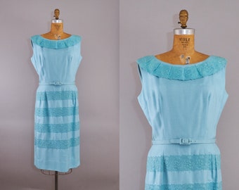 50er Jahre Baby Blaues Leinen Kleid Groß