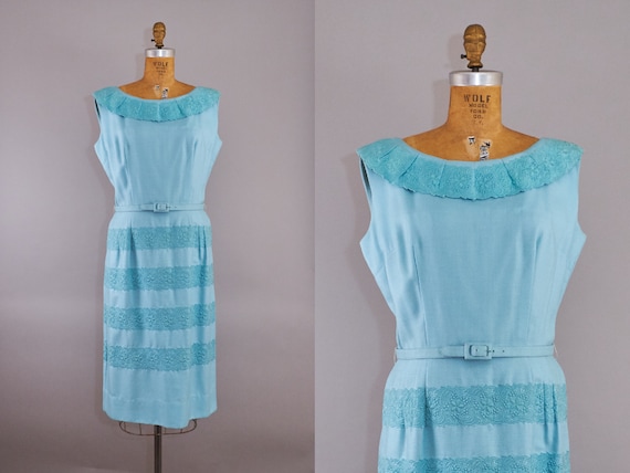 50s Linen Wiggle Dress Sleeveless Baby Blue