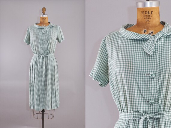 50s Dress Green White Gingham Check Summer Dress