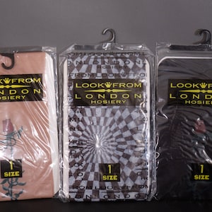 Y2K Lycra/Nylon Tights (3 Pairs): Rose Tattoo & Geometric Prints, Made in the USA by Look From London.  O/S