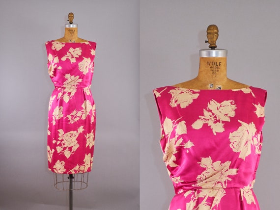 50s Silk Dress Hot Pink White Rose Floral Cocktail