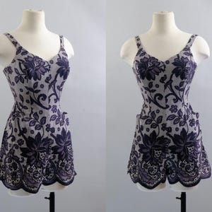 Vintage 50s Navy Floral Playsuit – Size 12/34 - Cotton One Piece with Pockets – Smocked Sides – Adjustable Straps – – Made in USA