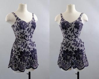 Vintage 1950s Navy Floral Cotton Pinup Playsuit Romper with Pockets – Smocked Sides - Size XS