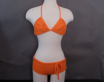 70s Orange Crochet Two Piece Swimsuit | Unworn with Tags | Boho Bikini | Hip Hugger Bottoms and Self-Tie Top | Size Small