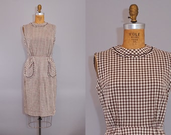 Vintage 60s Sue Brett Brown & White Gingham Check Cotton Dress - Small"