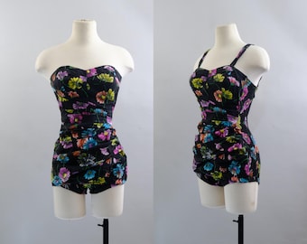 1950s Bombshell Pin Up Swimsuit – Size 12 / 34 - XS/S - Black Cotton Floral One Piece – Smocked Back – Metal Zipper - Originals by Par Form
