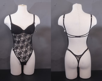 Y2K Frederick's of Hollywood Black Lace Sheer Teddy Bodysuit Small