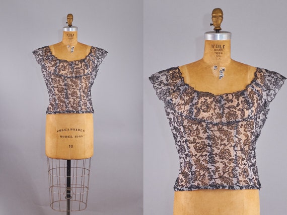 50s Blouse Black Sheer Floral Embroidered Evening