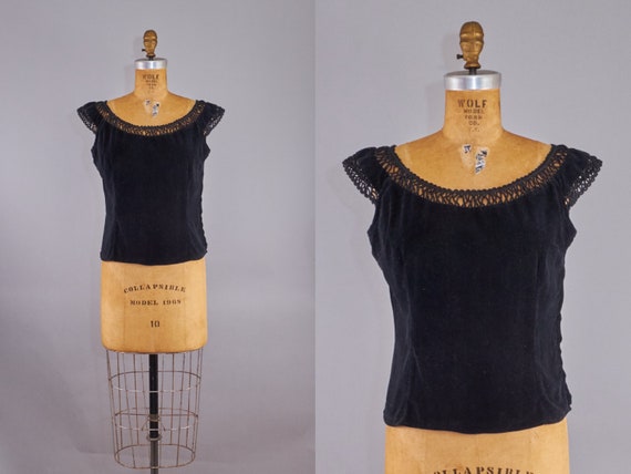 Vintage 50s Black Velvet Evening Blouse Top Small - image 1