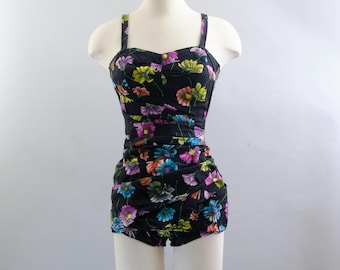 1950s Bombshell Pin Up Swimsuit – Size 12 / 34 - XS/S - Black Cotton Floral One Piece – Smocked Back – Metal Zipper - Originals by Par Form