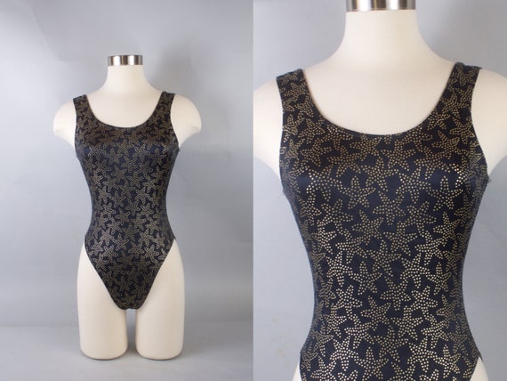 80s Leotard Black Gold Stars Dance Aerobics Bodysu