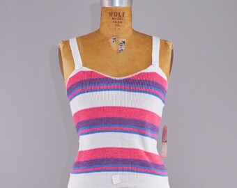 Top estivo in maglia anni '70 - Taglia media - Righe rosse, bianche e blu / Mai indossato con etichette