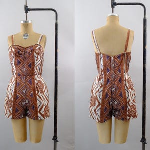 50s Hawaiian Swimsuit – Size Medium  - Tiki, Geometric, Floral Print - One Piece Cotton Playsuit - Made in Hawaii for B. Altman & Co