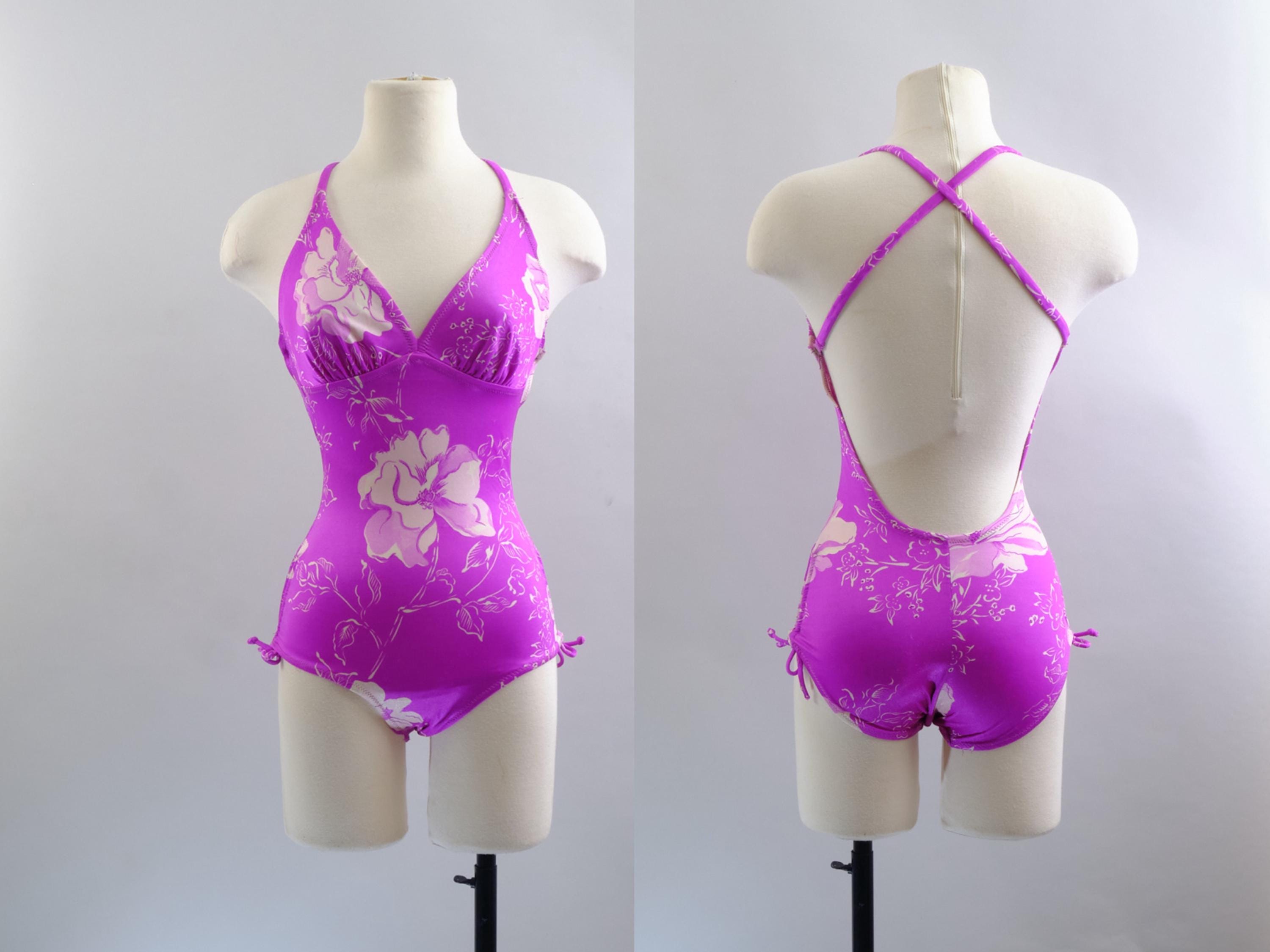 Vintage 80s Roxanne Swimsuit – Purple Floral One Piece – Perfection Fit – Size 10 / 32C – Made in USA