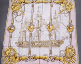 HERMES Scarf Carre 90 Tribord Sailing Boat / Pink Gold Silk Scarf