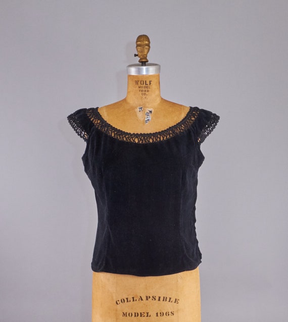 Vintage 50s Black Velvet Evening Blouse Top Small - image 3