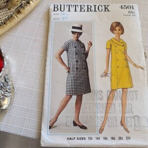 May include: Vintage sewing pattern for a dress, Butterick 4501, size 16, with a black and white gingham dress and a yellow dress. The pattern is for half sizes 12-224.