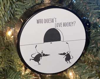 Hockey Puck Ornament - Mice Playing Hockey
