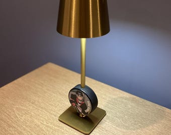 Hockey Puck Lamp with Custom Photo: Player, Team, Coach, Cordless, Rechargeable, Black, White, Brass Gold