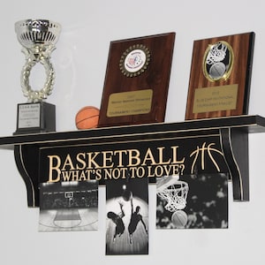 Distressed Black Wood Basketball Shelf: Trophy & Photo Display