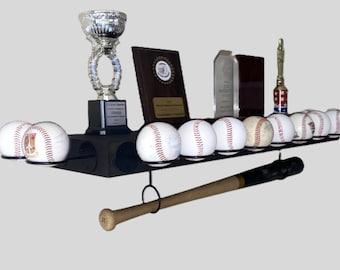 Baseball Trophy Display Shelf with Bat and Medal Holder, Ball Display Rack for Memorabilia, Awards, Trophies and Signed Baseballs