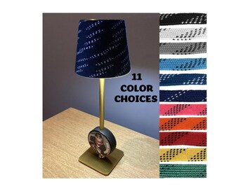 Custom Photo Hockey Puck Lamp: Hockey Laces Shade, Rechargeable, Cordless, Black, White or Brass Gold Finish