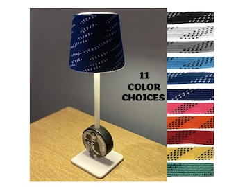 Custom Hockey Puck Lamp: Hockey Laces Shade, Personalized Photo, Rechargeable, Cordless, Black/White/Brass Gold